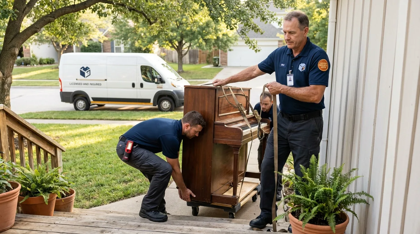 Licensed piano movers securing grand piano in Hugoton, KS