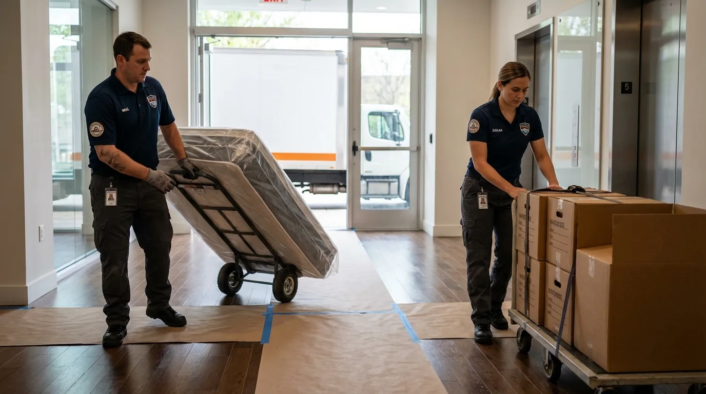 Professional apartment movers loading elevator in Hugoton, KS